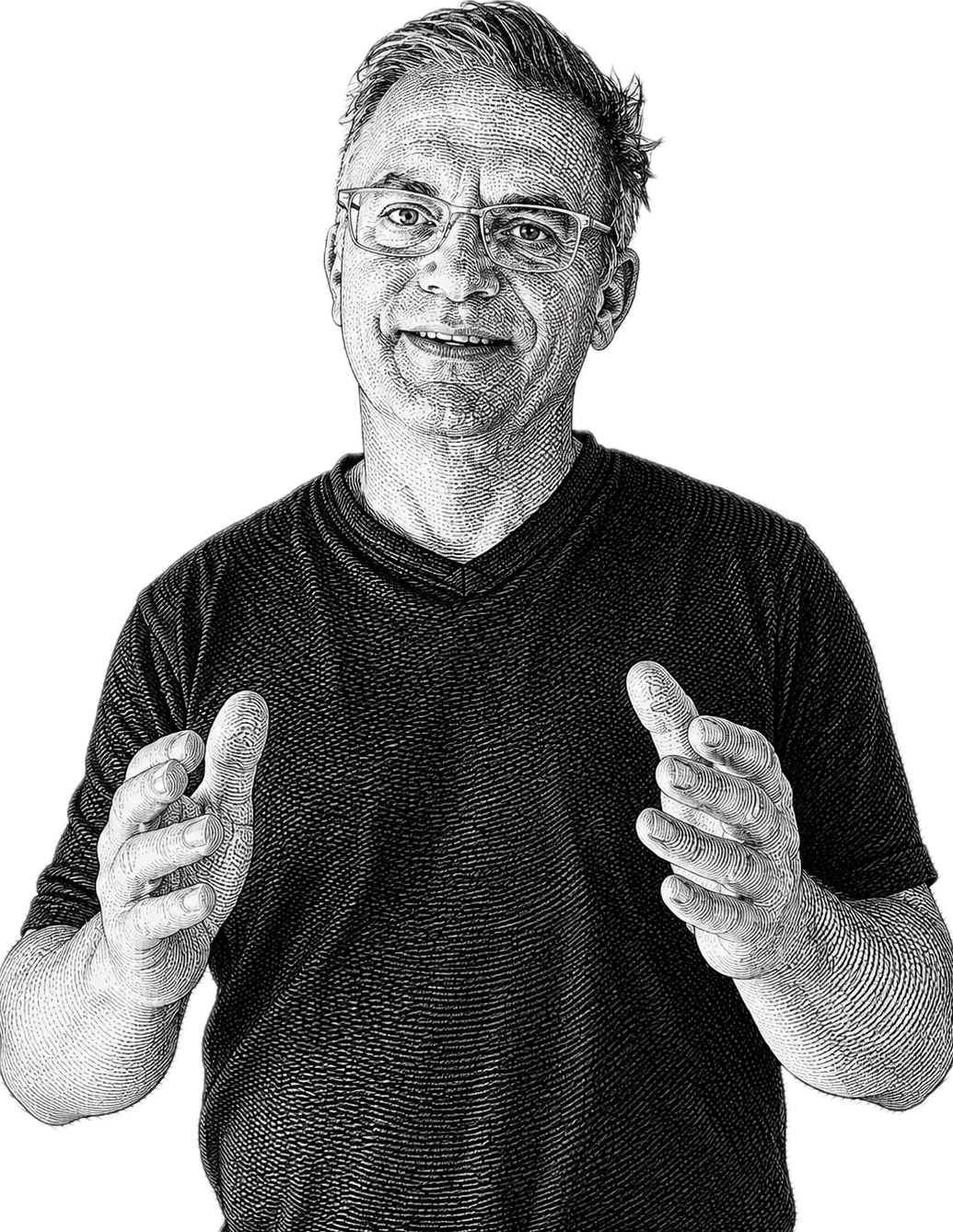 Dr. Udo Haeske signalisiert mit seiner Handhaltung, dass er dem Betrachter und Leser dieser Seite Vorschlaege machen moechte, wie seine Angebote im Coaching, und im Change Management und in der Organisationsentwicklung einen Gewinn bringen. Dr. Udo Haeske schaut den Betrachter einladend an.