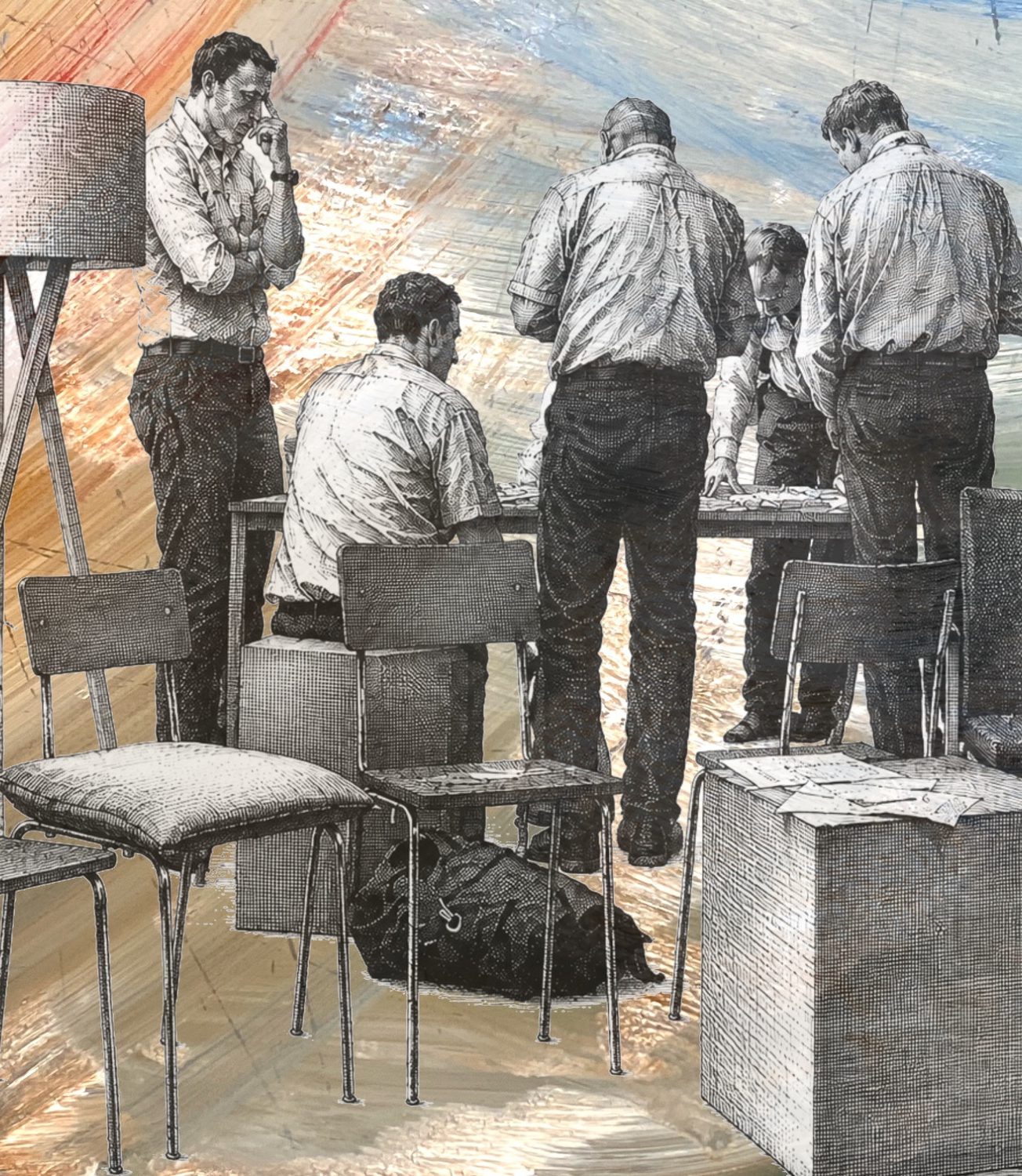 Das Bild zeigt in anonymisierter Weise und vor einem künstlich veraenderten Hintergrund mehrere Fuehrungskraefte im Change Management, die gemeinsam eine Aufgabe loesen. Mehrere Führungskräfte arbeiten gemeinsam an einer Aufgabe